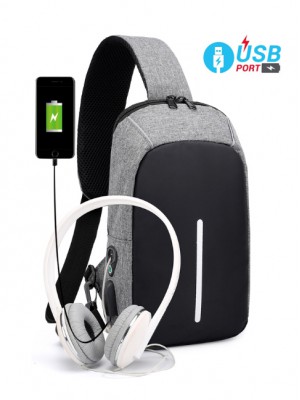 MB003*EXCELLENT QUALITY MEN USB PORT CHEST BAG (GREY)